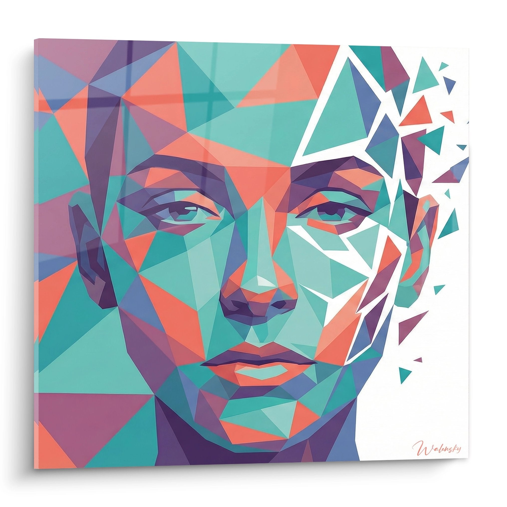 Portrait feminin geometrique turquoise corail violet art urbain contemporain mural decoration moderne