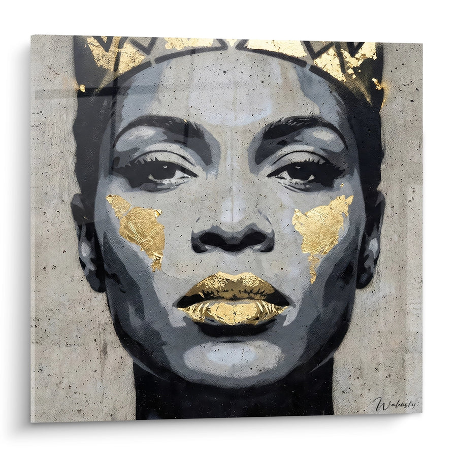 Tableau visage féminin doré tons gris et or sur béton brut - Éclat urbain - Edition portrait Street art