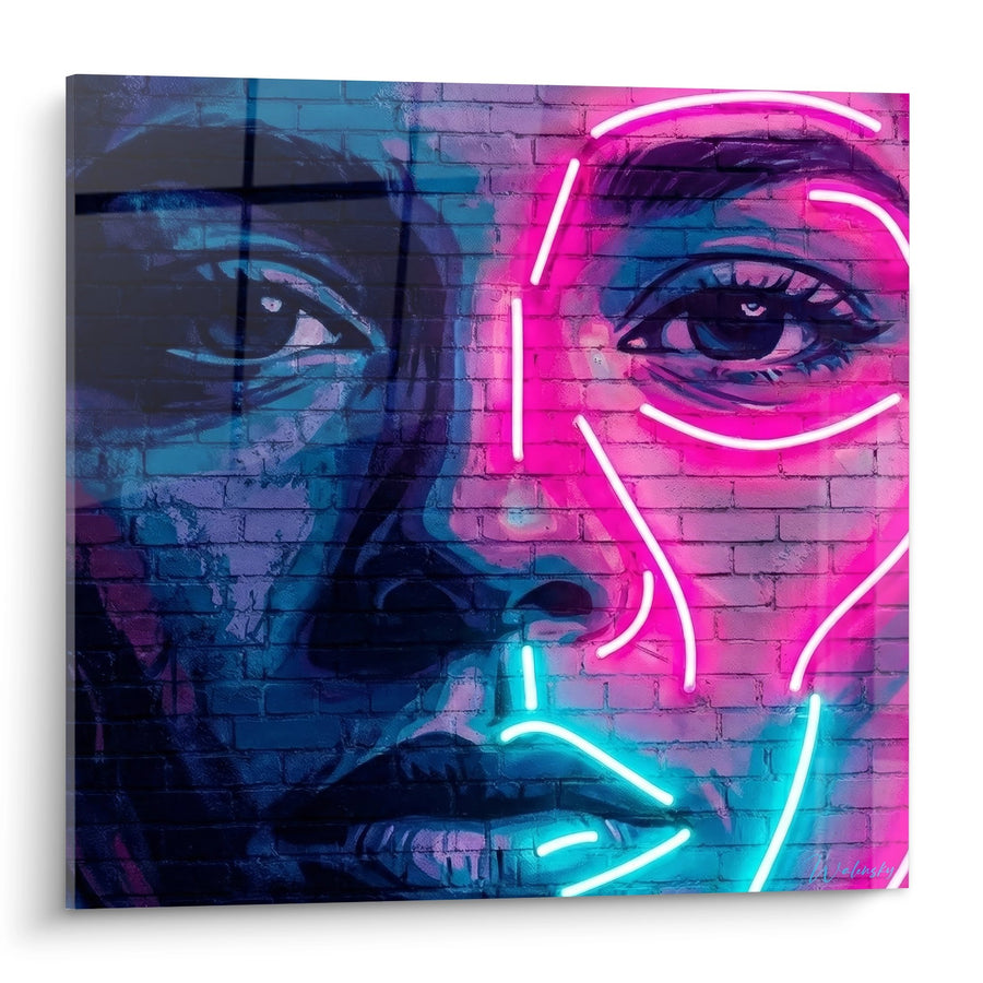 Schilderij, portret van vrouw, roze en blauw neon op bakstenen muur - Stedelijke fusie - Neon fluorescerende streetart editie