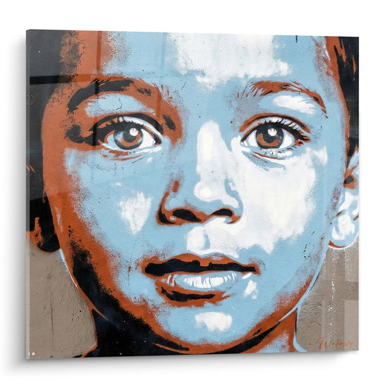 Quadro ritratto femminile toni blu e arancione contrastati - Sguardo intenso - Edizione street art stencil