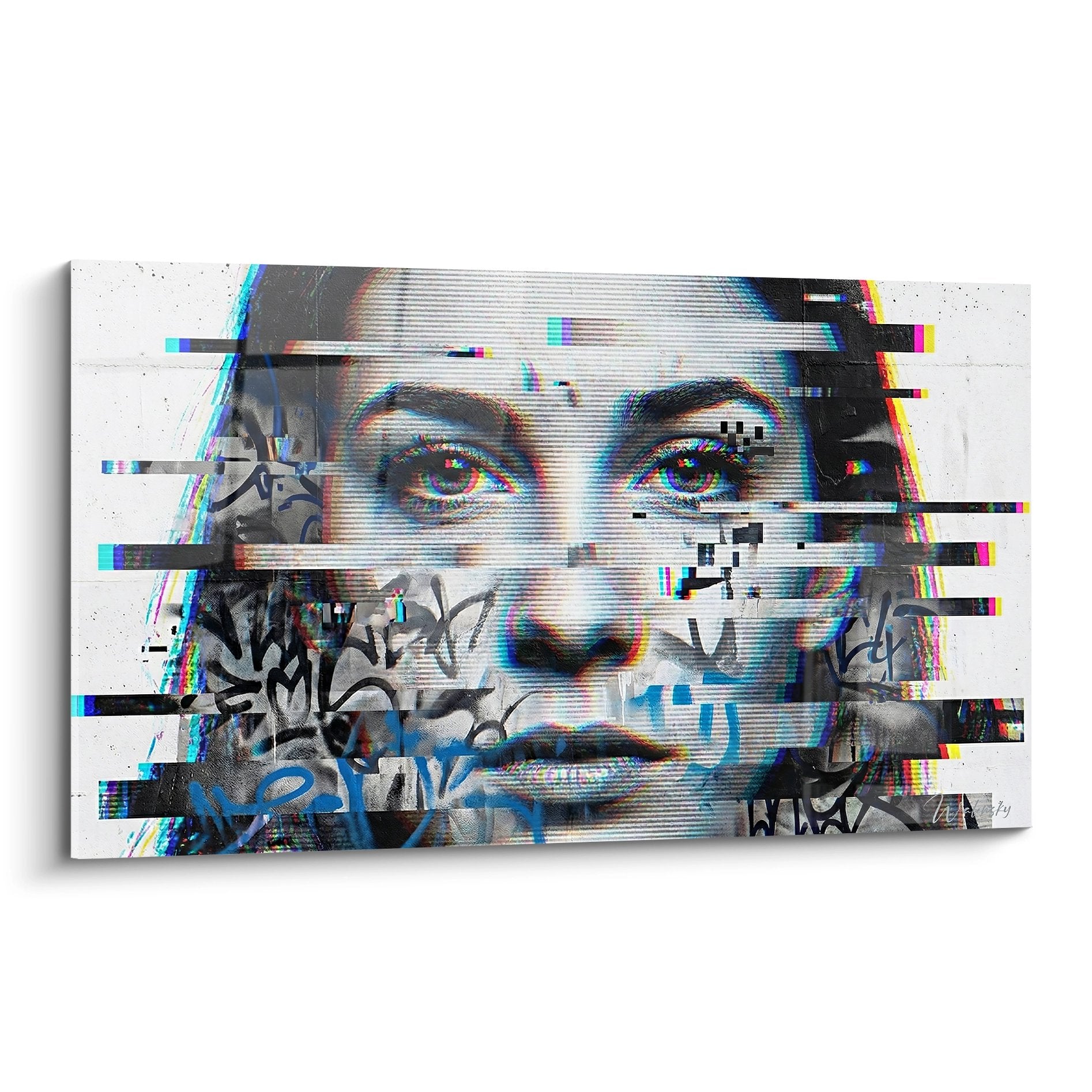 Portrait femme effet glitch coloré avec bandes pixel roses oranges bleues et graffitis urbains art numérique moderne