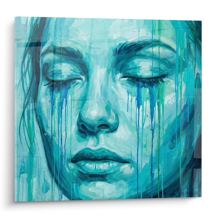 Tableau visage féminin aux larmes turquoise et bleu - Émotion aquatique - Edition portrait Street art