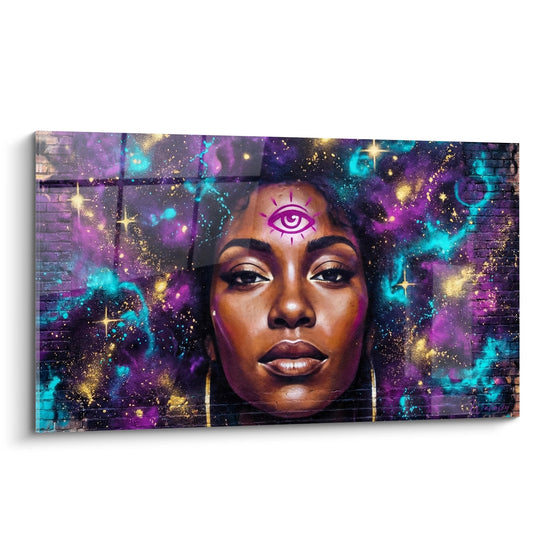 Tableau femme mystique third eye galaxie violette turquoise - Regard cosmique - Edition Street art néon fluo