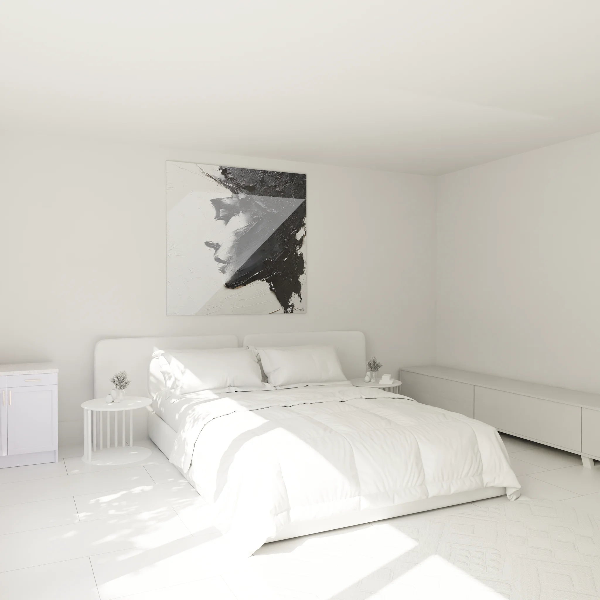 Portrait femme noir et blanc décorant une chambre moderne avec ambiance contemporaine