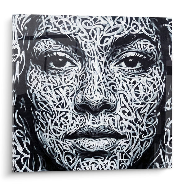 Schilderij vrouwelijk gezicht zwart wit ingeweven ornamenten - Hypnotiserende blik - Editie straatkunst portret