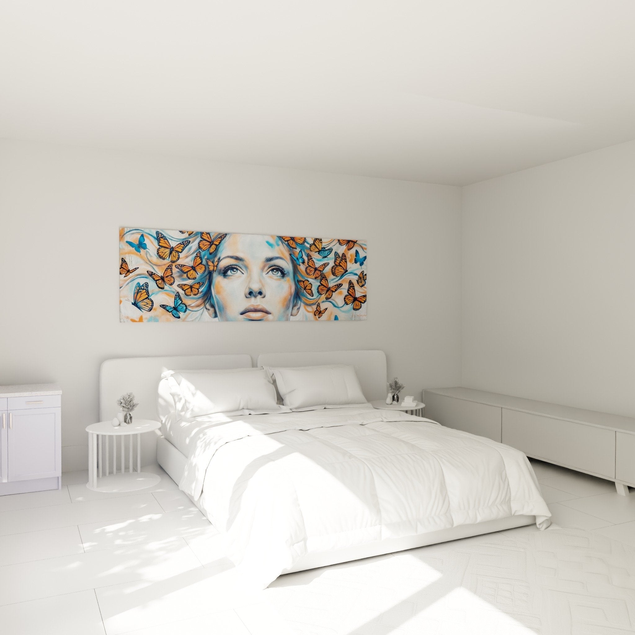 Tableau portrait femme papillons orange bleu dans chambre moderne mur blanc decoration murale street art