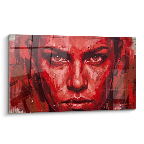 Schilderij: intens rood expressief vrouwengezicht - Doorgrondelijke blik - Portreteditie Street Art