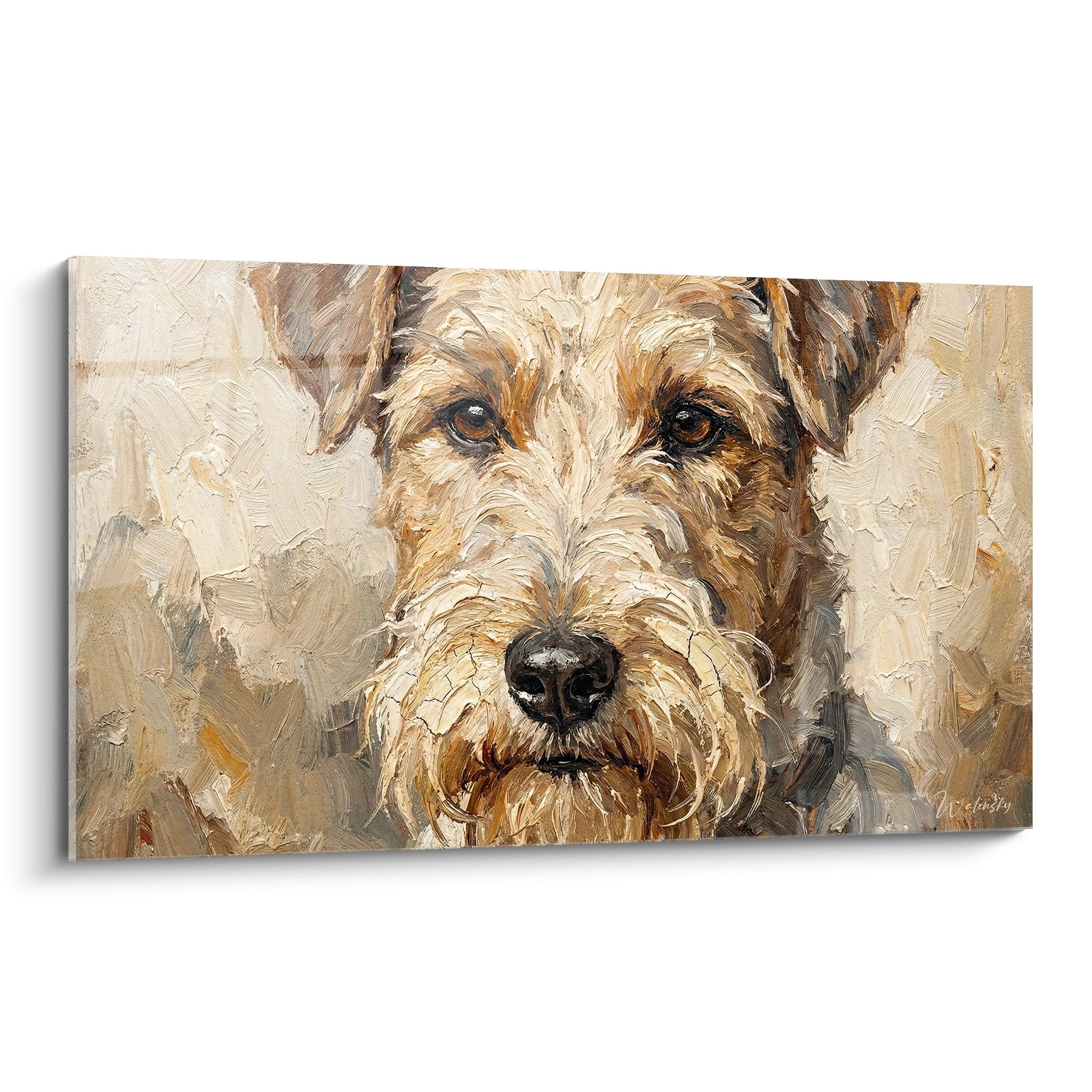 Portrait artistique de Fox Terrier aux tons beiges et dorés, regard expressif, technique picturale visible