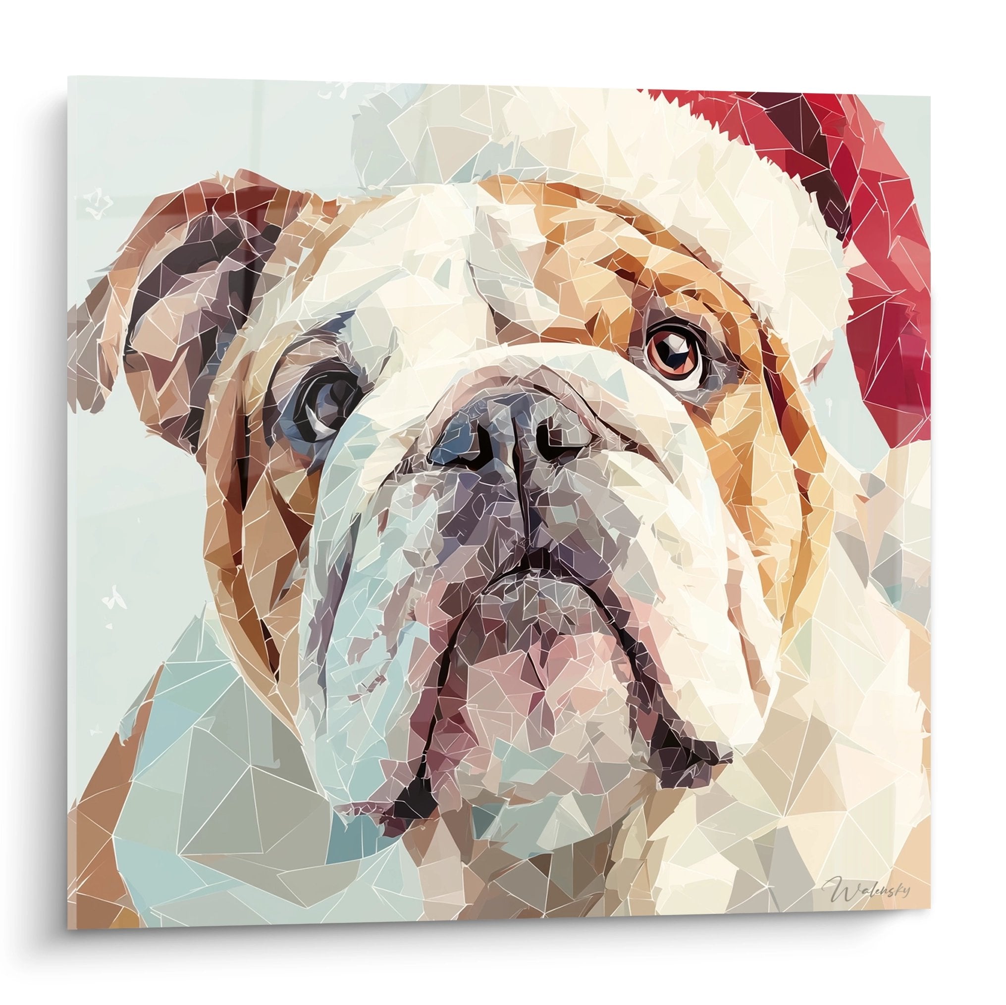 Portrait geometrique bouledogue anglais style mosaique tons beiges rouge et bleu art mural contemporain