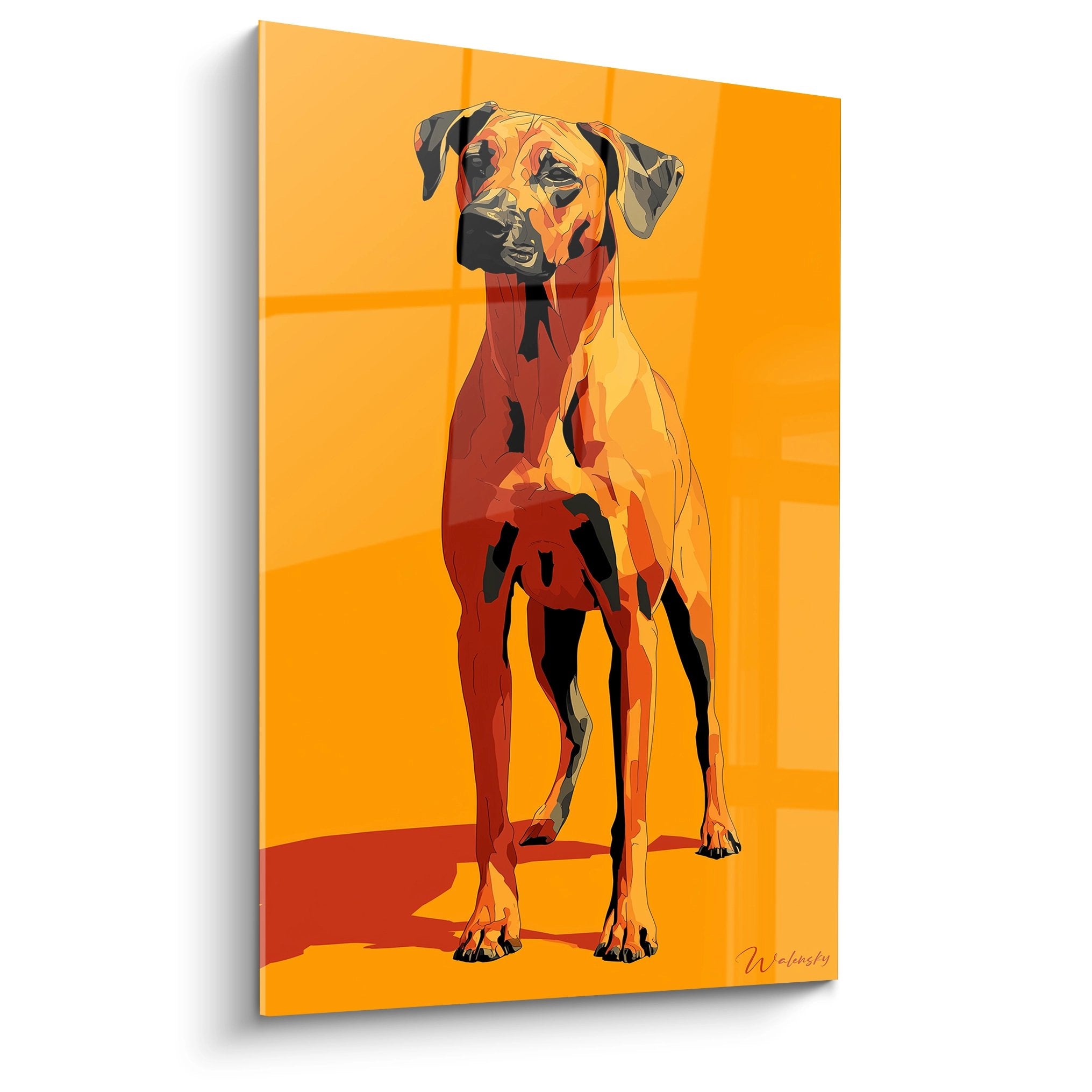 Portrait géométrique Rhodesian Ridgeback orange rouge style cubiste fond doré art contemporain animalier
