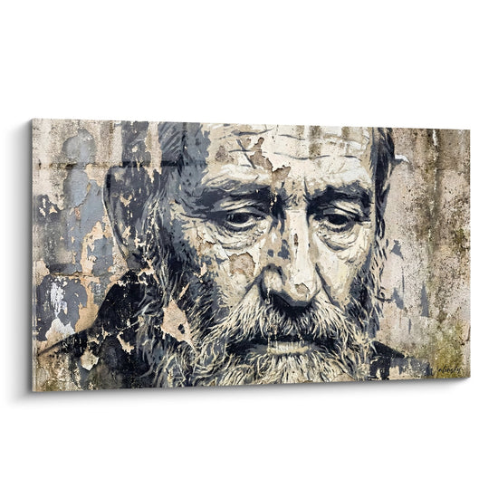 Quadro ritratto di uomo barbuto con toni beige e grigio scolorito - Saggezza Senza Tempo - Edizione Street art stencil