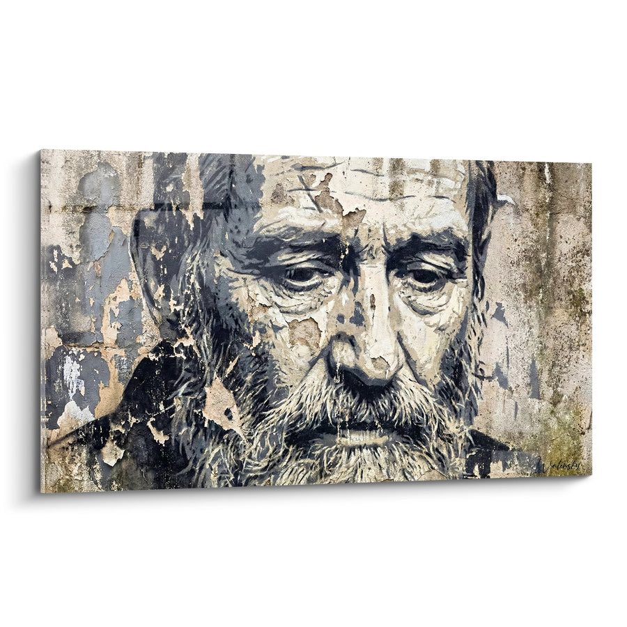 Tableau portrait d'homme barbu aux tons beiges et gris délavés - Sagesse Intemporelle - Edition Street art pochoir