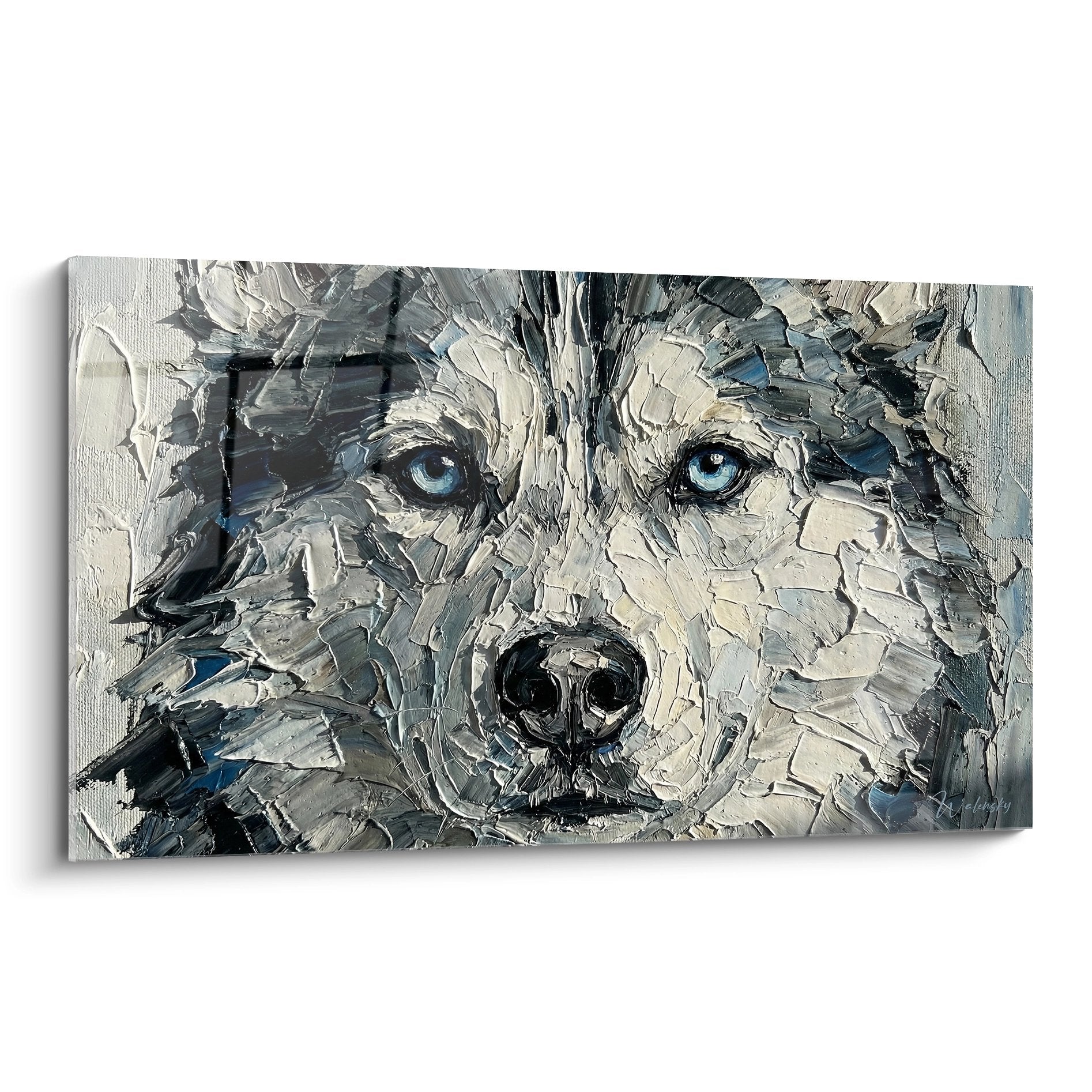 Portrait husky sibérien yeux bleus peinture texturée gris blanc regard intense tableau mural