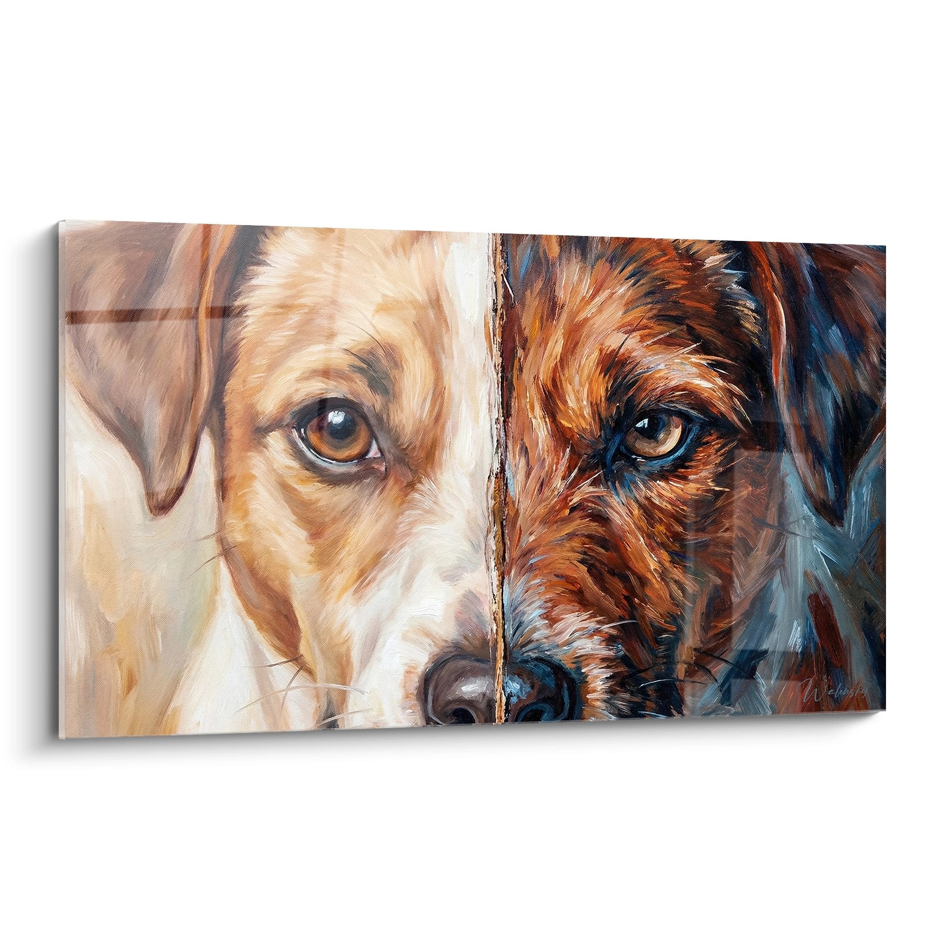 Portrait artistique divise Jack Russel Terrier tons chauds froids regard expressif peinture moderne canine decorative