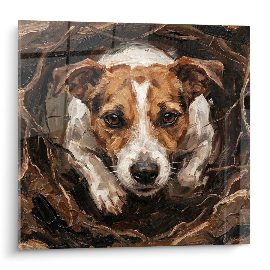 Tableau Chien aux Tons Bruns dans un Refuge - Portrait Expressif - Edition Jack Russel Terrier