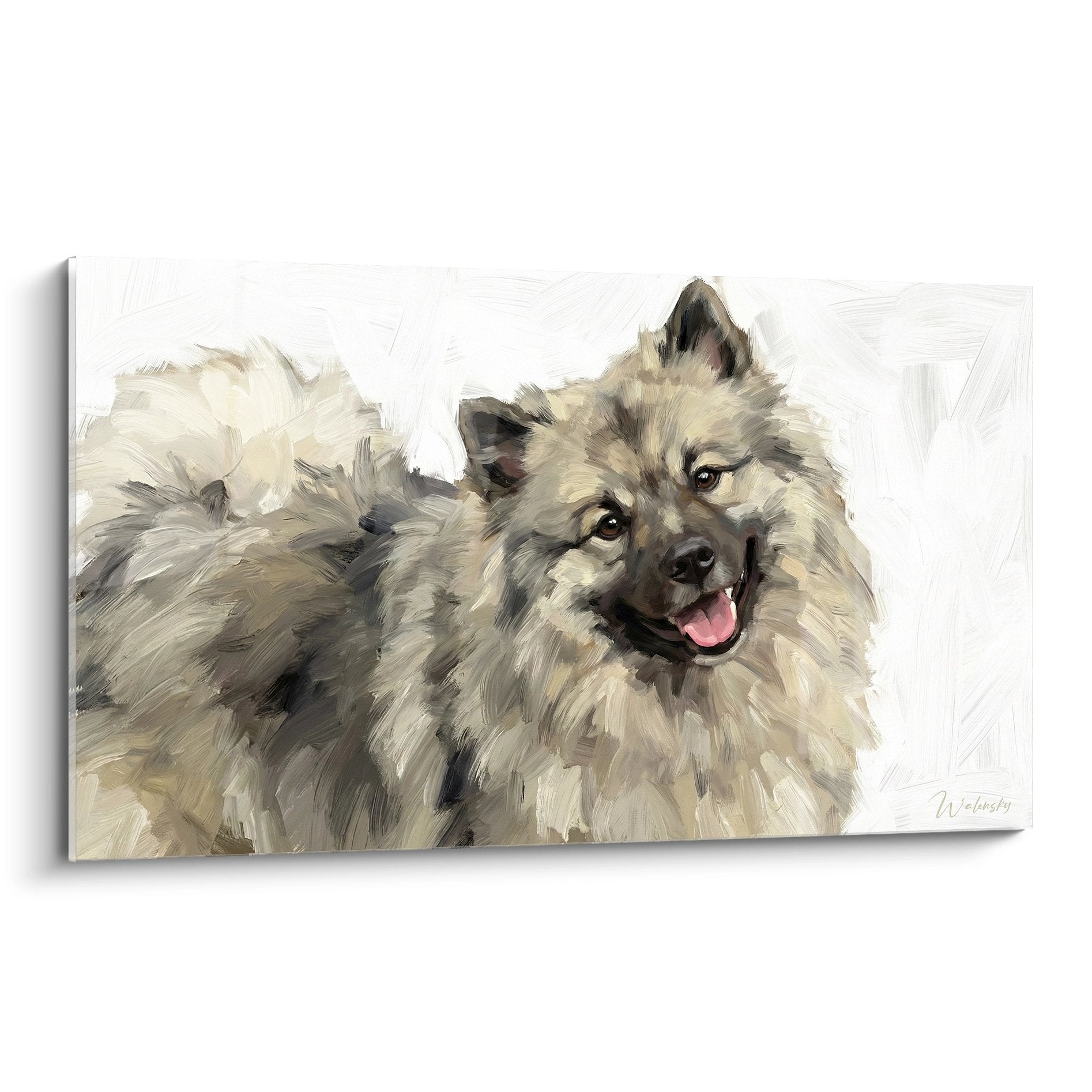 Portrait peint keeshond souriant teintes beiges brunes langue rose coups pinceau expressifs
