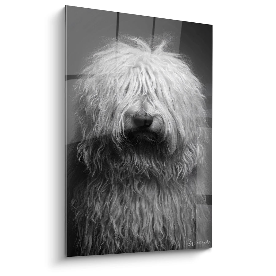 Dog Canvas with Flowing Hair in Black and White - Majestic Canine Portrait - Komondor Edition