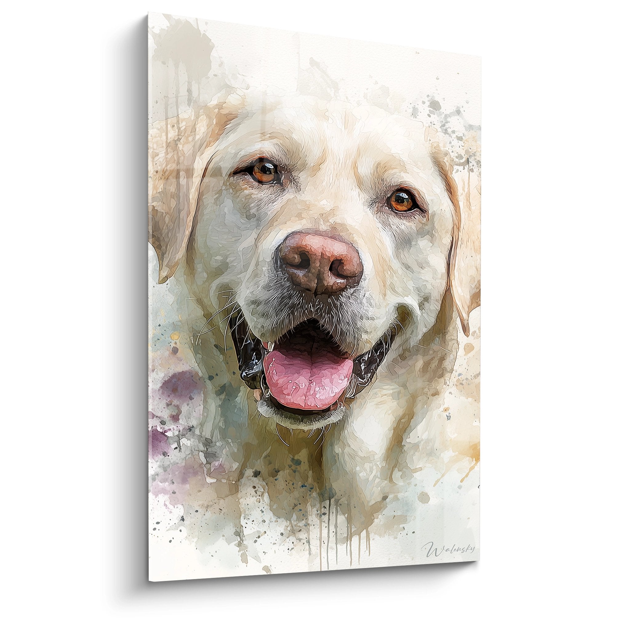 White Labrador watercolor portrait with golden eyes and artistic dripping effects on light background