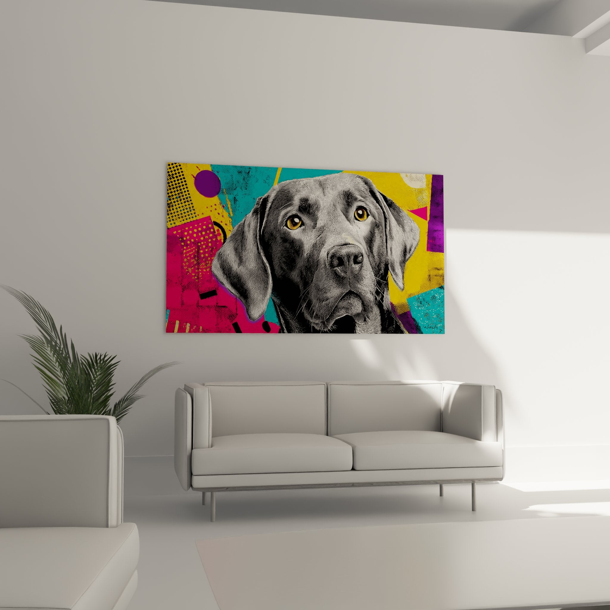 Nahaufnahme künstlerisches Porträt Labrador Retriever Gravurtechnik bernsteinfarbene Augen schwarzes Fell feine Details