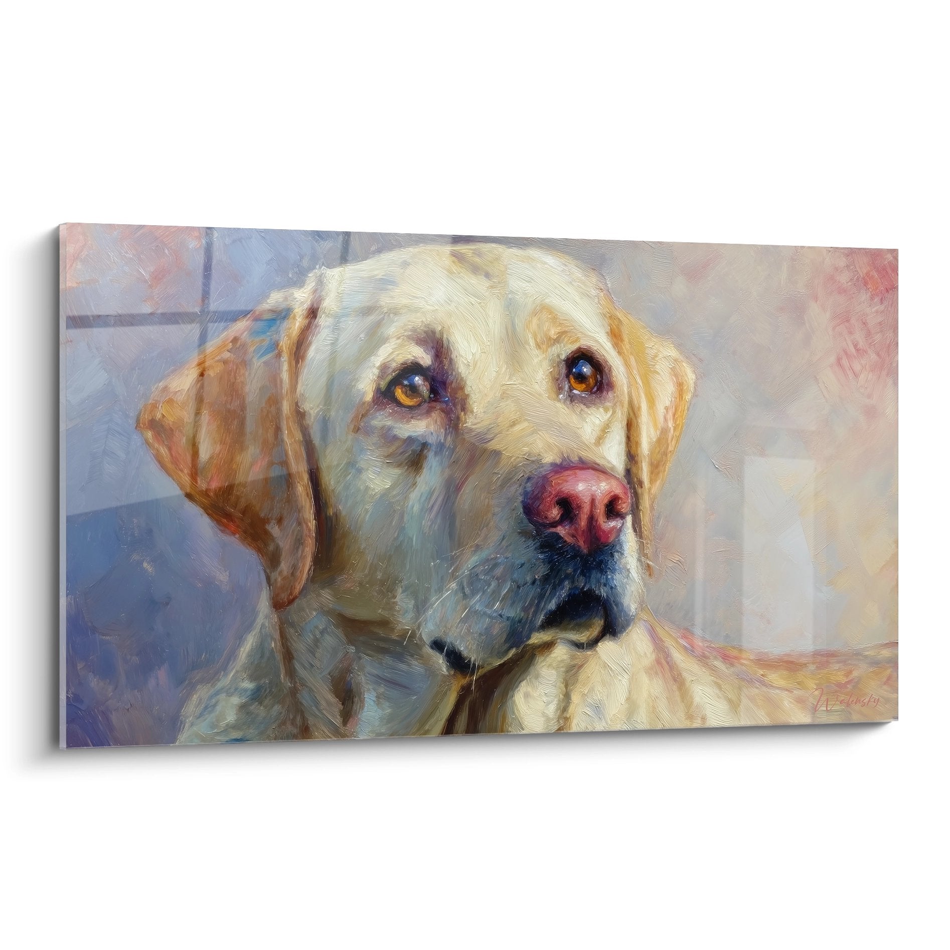 Artistic portrait Golden Labrador retriever with amber eyes tender gaze impressionist painting warm tones