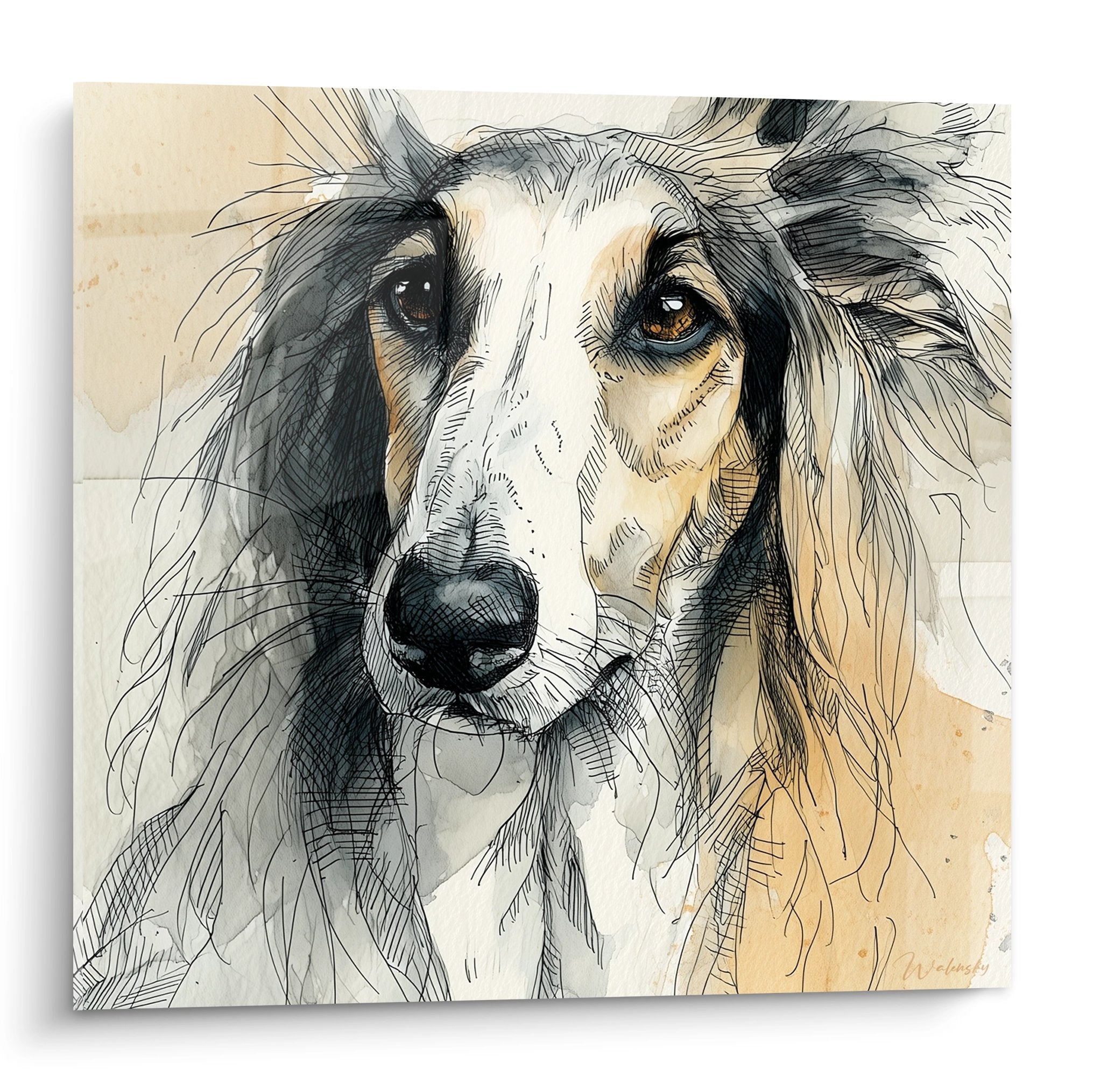 Portrait aquarelle de levrier afghan aux yeux ambres sur fond beige, technique mixte croquis et peinture