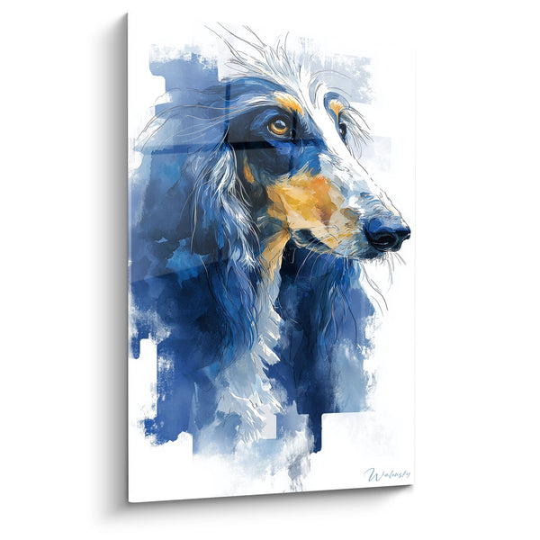 Cuadro Retrato de Perro en Tonos Azules y Dorados - Mirada Contemplativa - Edición Galgo Afgano