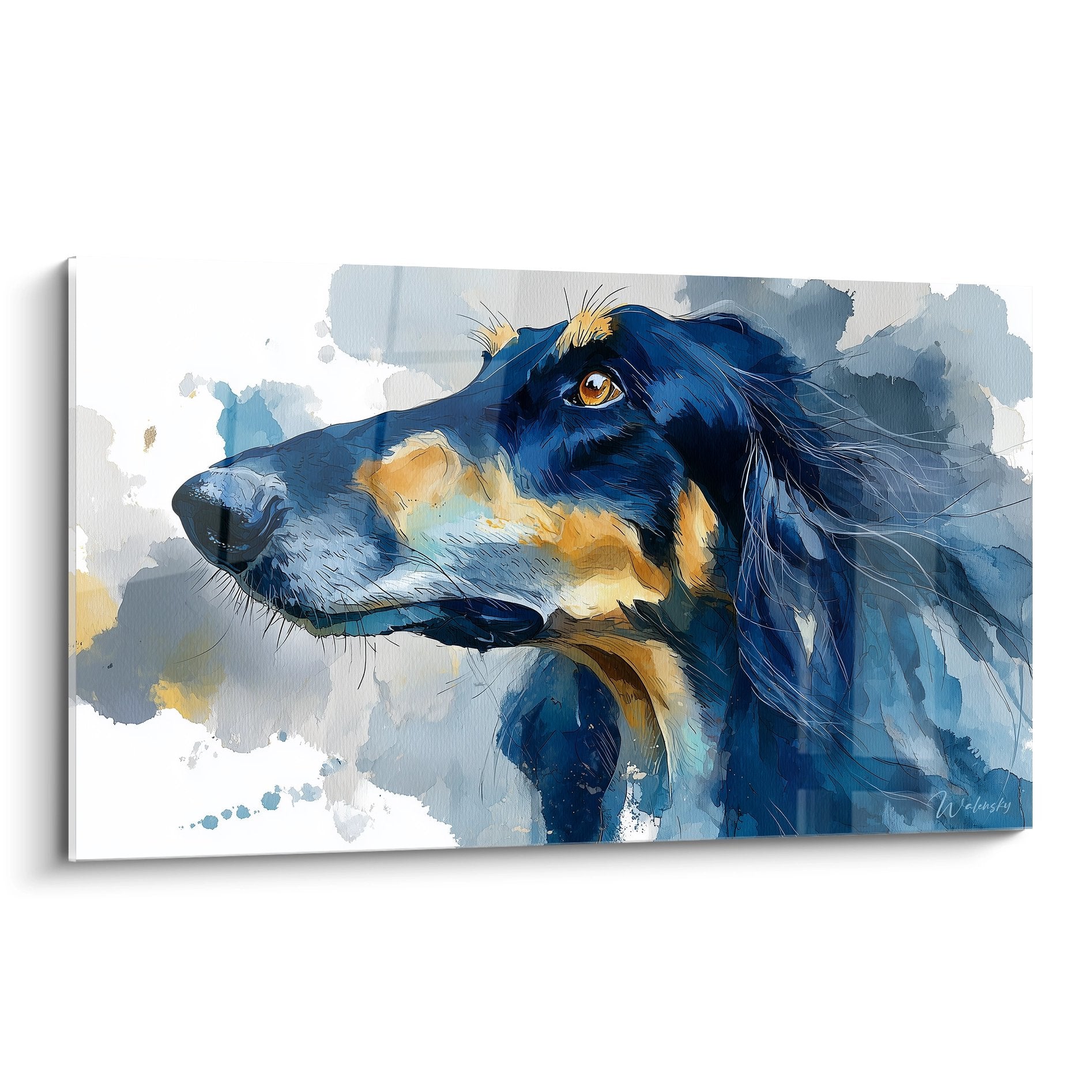 Portrait artistique de Levrier Afghan aux tons bleus et dores style aquarelle moderne