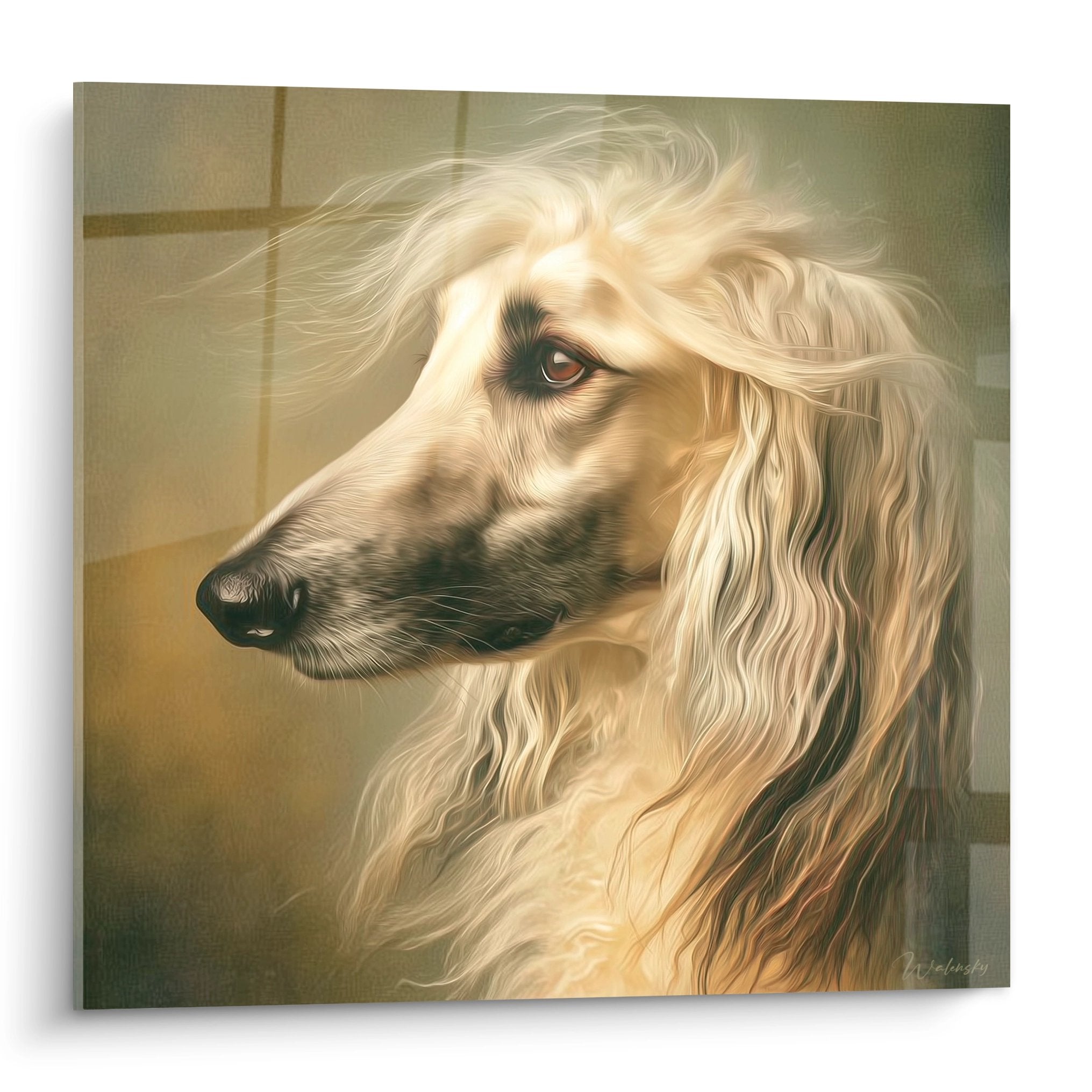 Portrait artistique de levrier afghan aux poils dores ondulants sur fond beige, style realiste et elegant