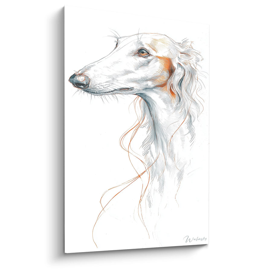 Tableau Portrait de Lévrier Blanc aux Touches Oranges - Élégance Canine - Edition Barzoi
