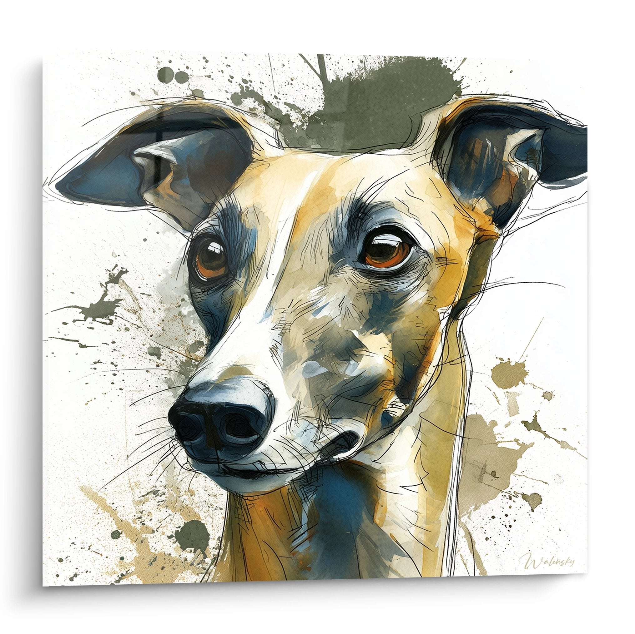 Portrait artistique de lévrier whippet aux tons dorés et bleus, style aquarelle moderne avec éclaboussures
