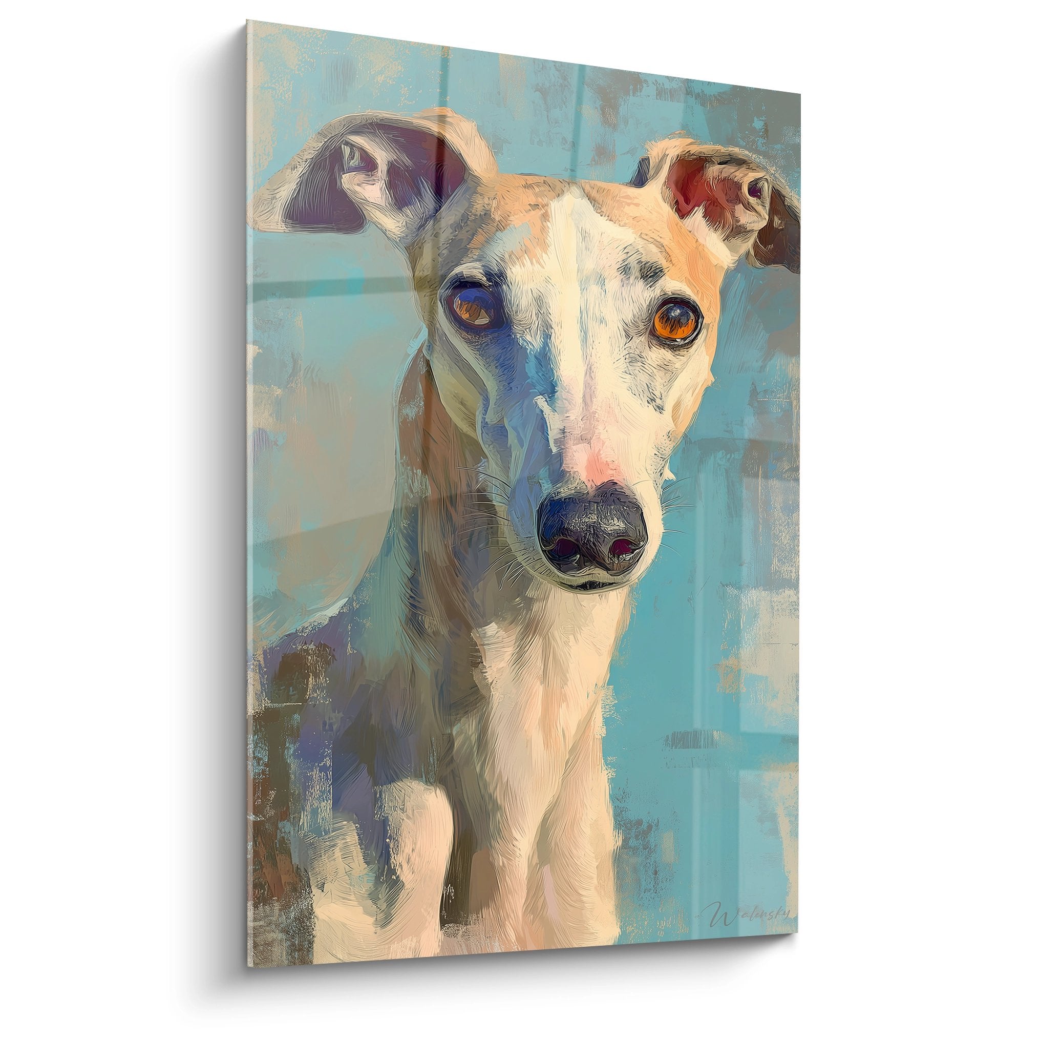 Portrait artistique de levrier whippet aux yeux ambre sur fond bleu turquoise, technique peinture expressionniste