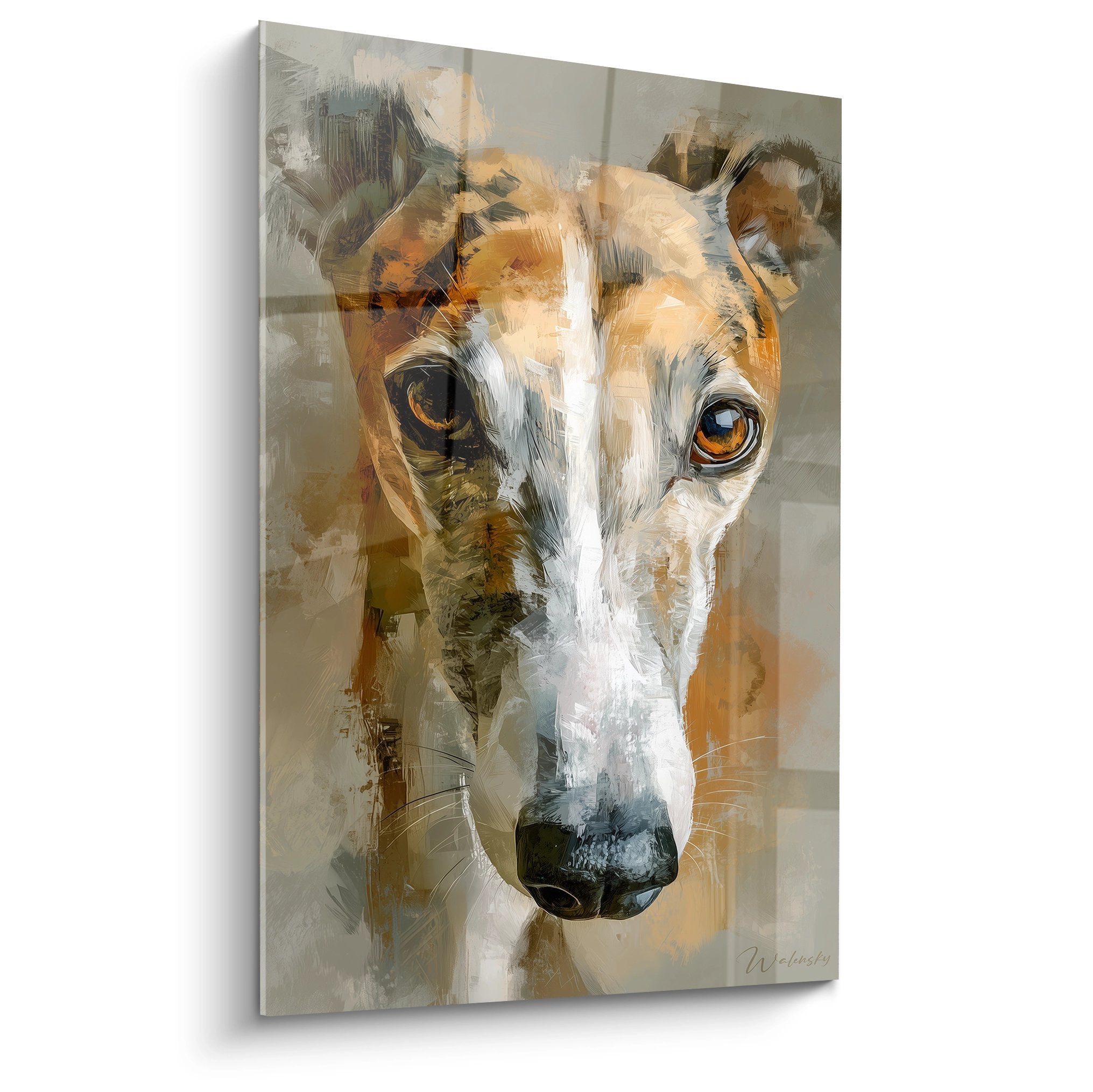 Portrait artistique de levrier whippet aux yeux dores peinture moderne tons beiges et ocres regard contemplatif