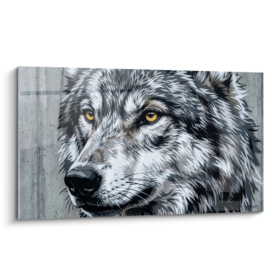 Tableau loup gris aux yeux dorés regard intense portrait mural - Prédateur Noble - Edition Street art pochoir