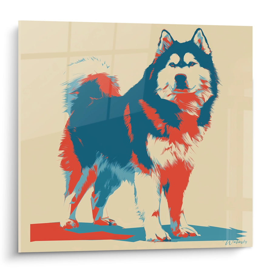 Quadro Cane Nordico nei Toni Blu e Rossi - Ritratto Artistico - Edizione Malamute dell'Alaska