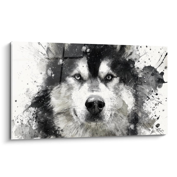 Cuadro Perro Nórdico Retrato Blanco y Negro Salpicaduras - Mirada Penetrante - Edición Malamute Alaska