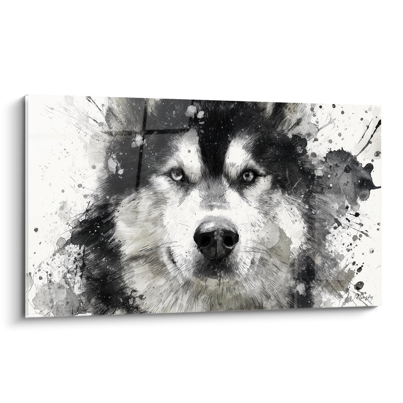 Tableau Chien Nordique Portrait Noir et Blanc Éclaboussures - Regard Perçant - Edition Malamute Alaska