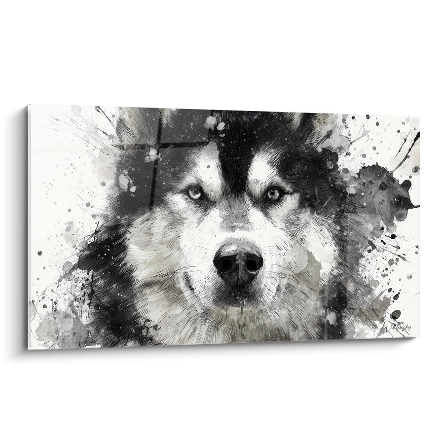 Tableau Chien Nordique Portrait Noir et Blanc Éclaboussures - Regard Perçant - Edition Malamute Alaska