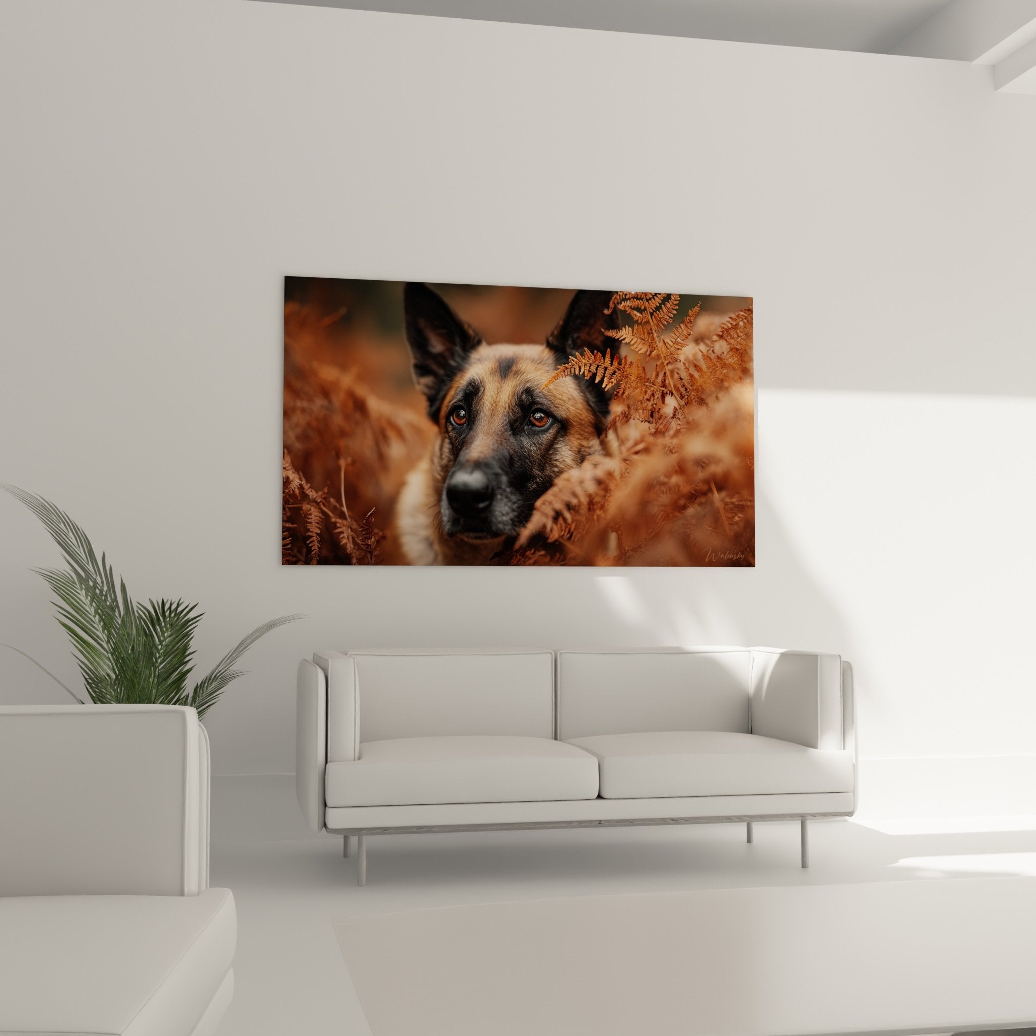 primo piano ritratto pastore belga malinois espressione malinconica felci sfocate in primo piano