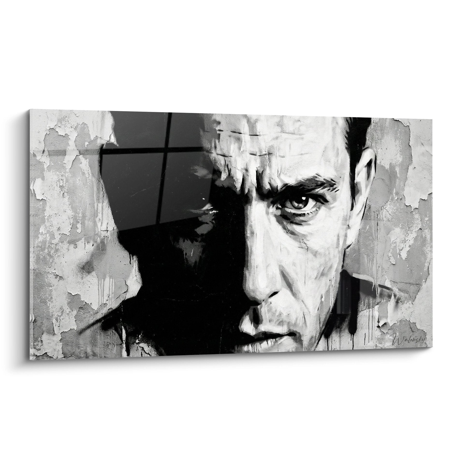 Portrait masculin noir et blanc style street art avec regard intense et effets de matiere usee