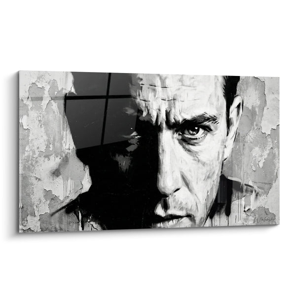 Schilderij mannelijk gezicht zwart wit verweerd effect - Intense Blik - Editie portret Street art