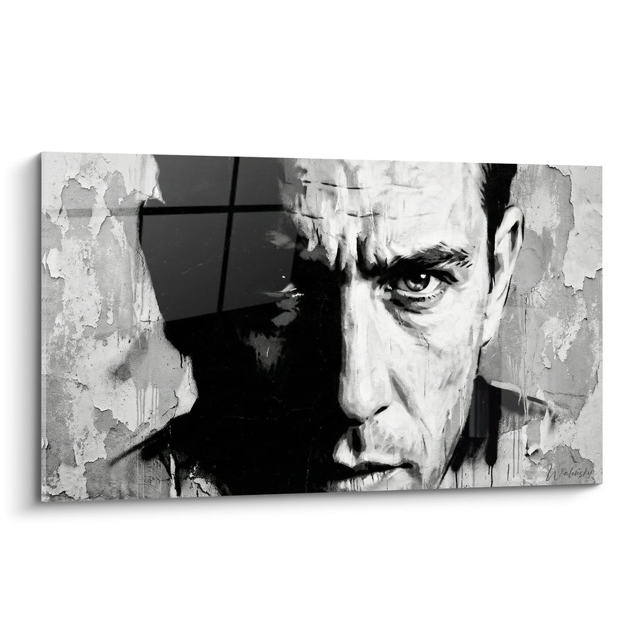 Tableau visage masculin noir et blanc effet usé - Regard Intense - Edition portrait Street art