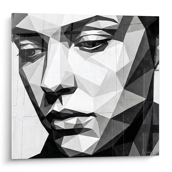 Zwart-wit polygoonportret van een man - Hedendaagse facetten - Geometrische Street Art editie