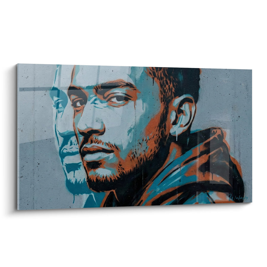 Tableau portrait masculin aux tons bleus et oranges - Regard intense - Edition Street art pochoir