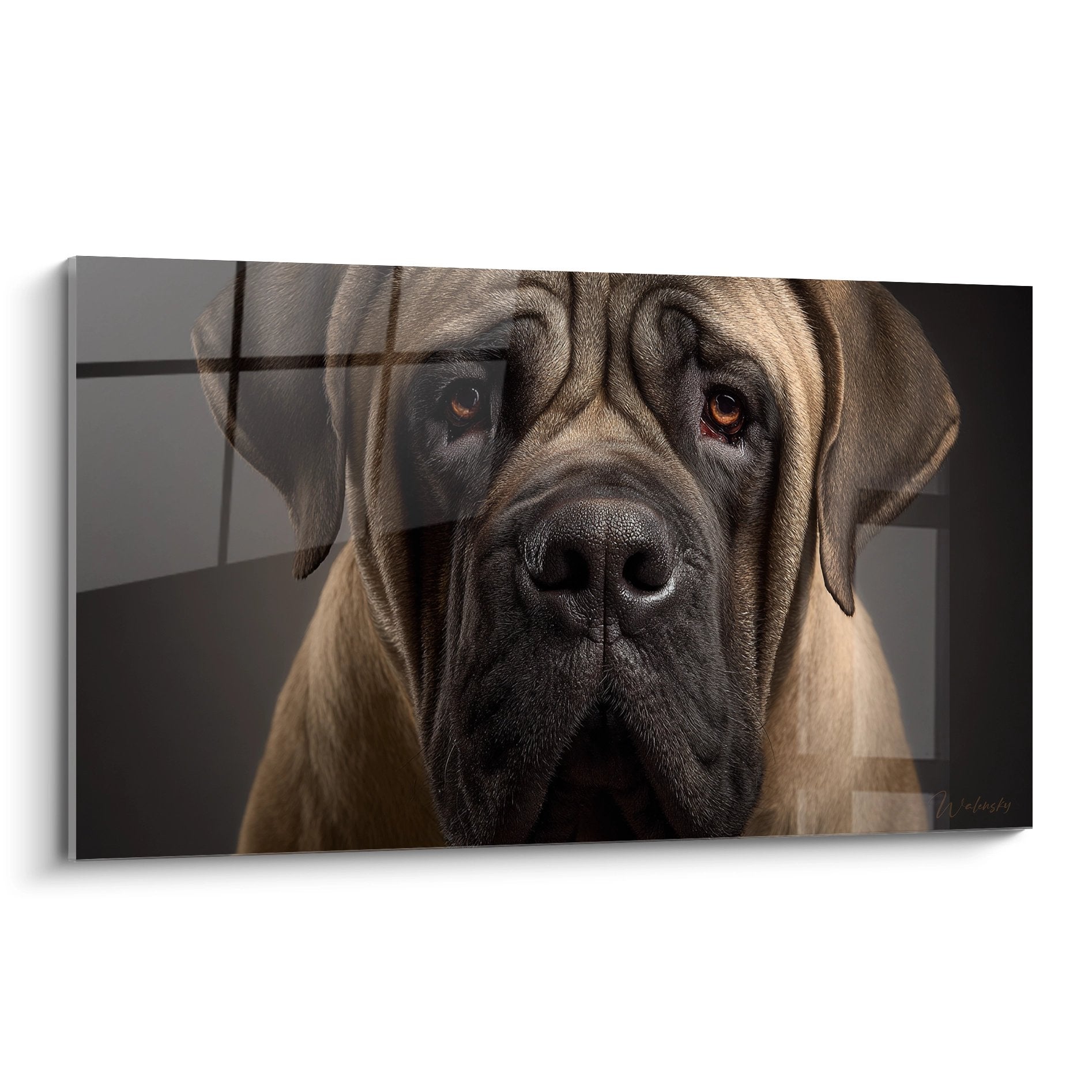 Portrait réaliste de Mastiff Anglais aux yeux ambrés et au pelage beige, regard intense et bienveillant