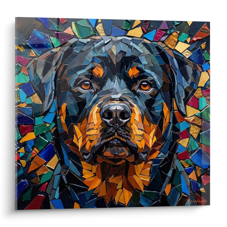 Tableau Mosaïque Portrait Canin aux Teintes Bleues et Orange - Regard Captivant - Edition Rottweiler