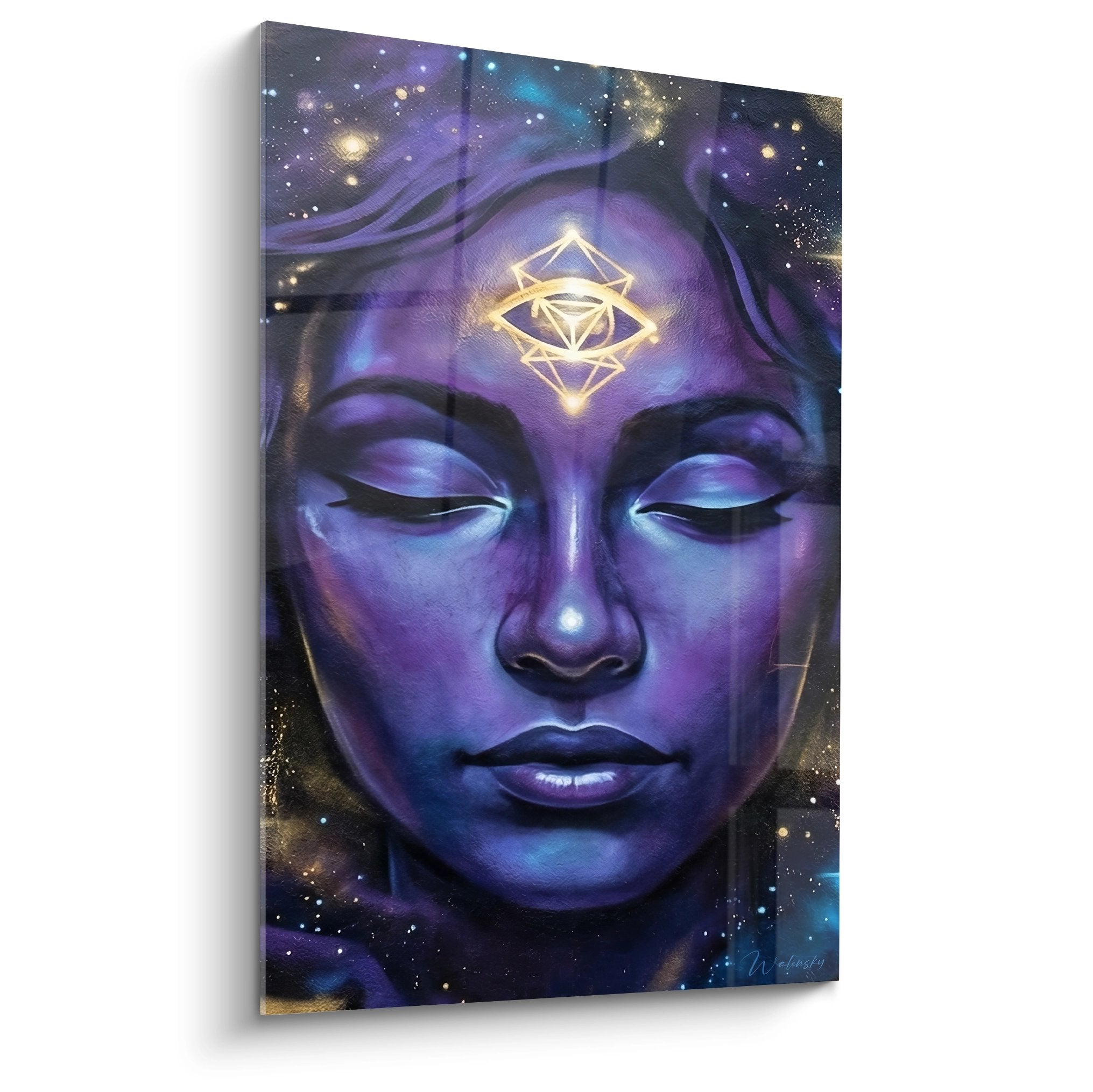 Portrait mystique feminin tons violets bleus geometrie sacree doree fond etoile art spirituel contemporain