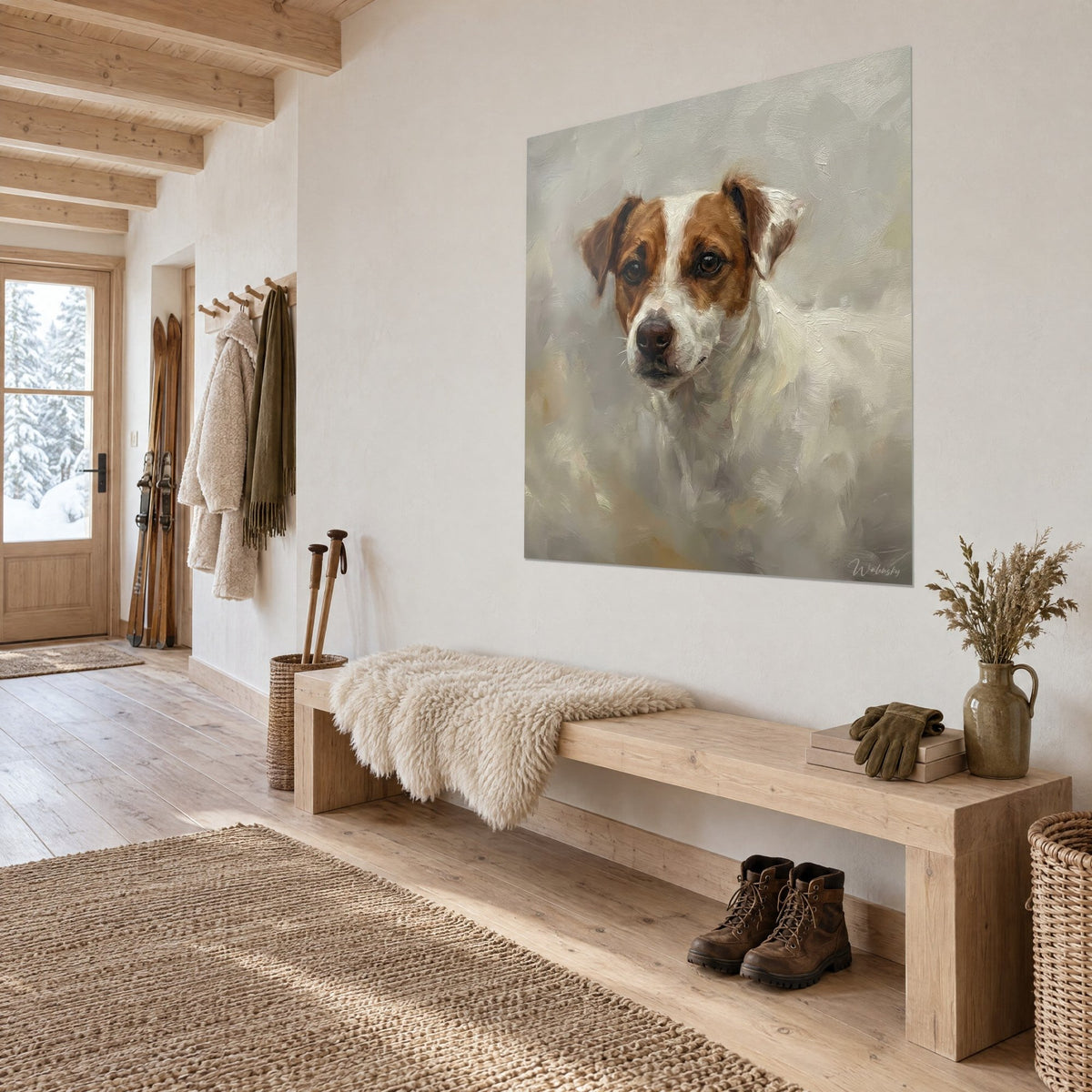 Gemälde Terrier mit karamellfarbenen Ohren und haselnussbraunem Blick, hellgraue Pinselstriche, Chaletwand neben einer Holzbank