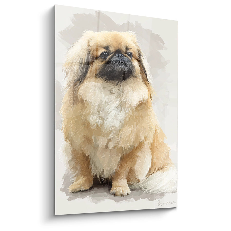 Hundegemälde in Gold- und Weißtönen - Majestätisches Hundeporträt - Pekinesen-Edition