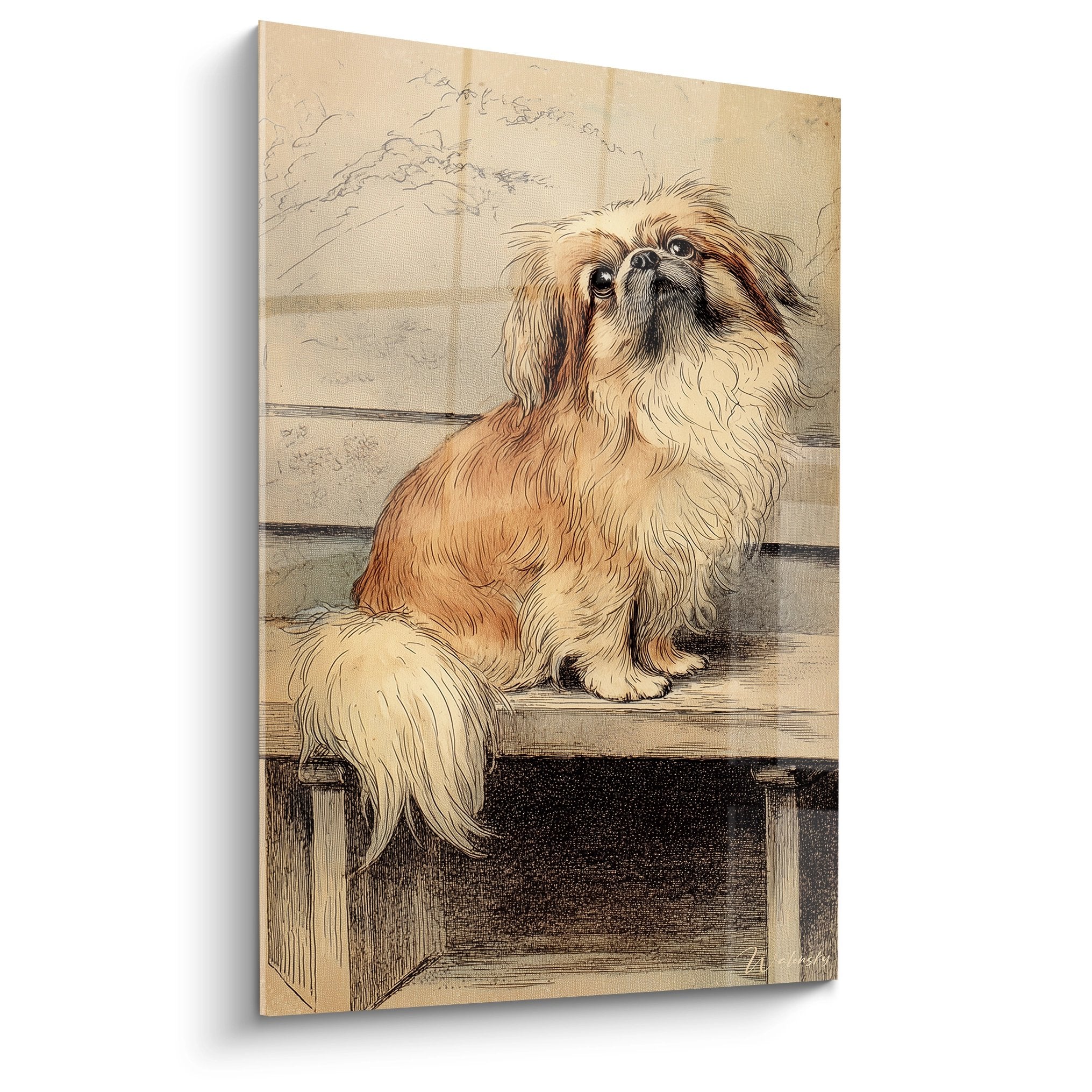 Artistic Beijing portrait red and white seated on wooden bench looking up classical style golden tones