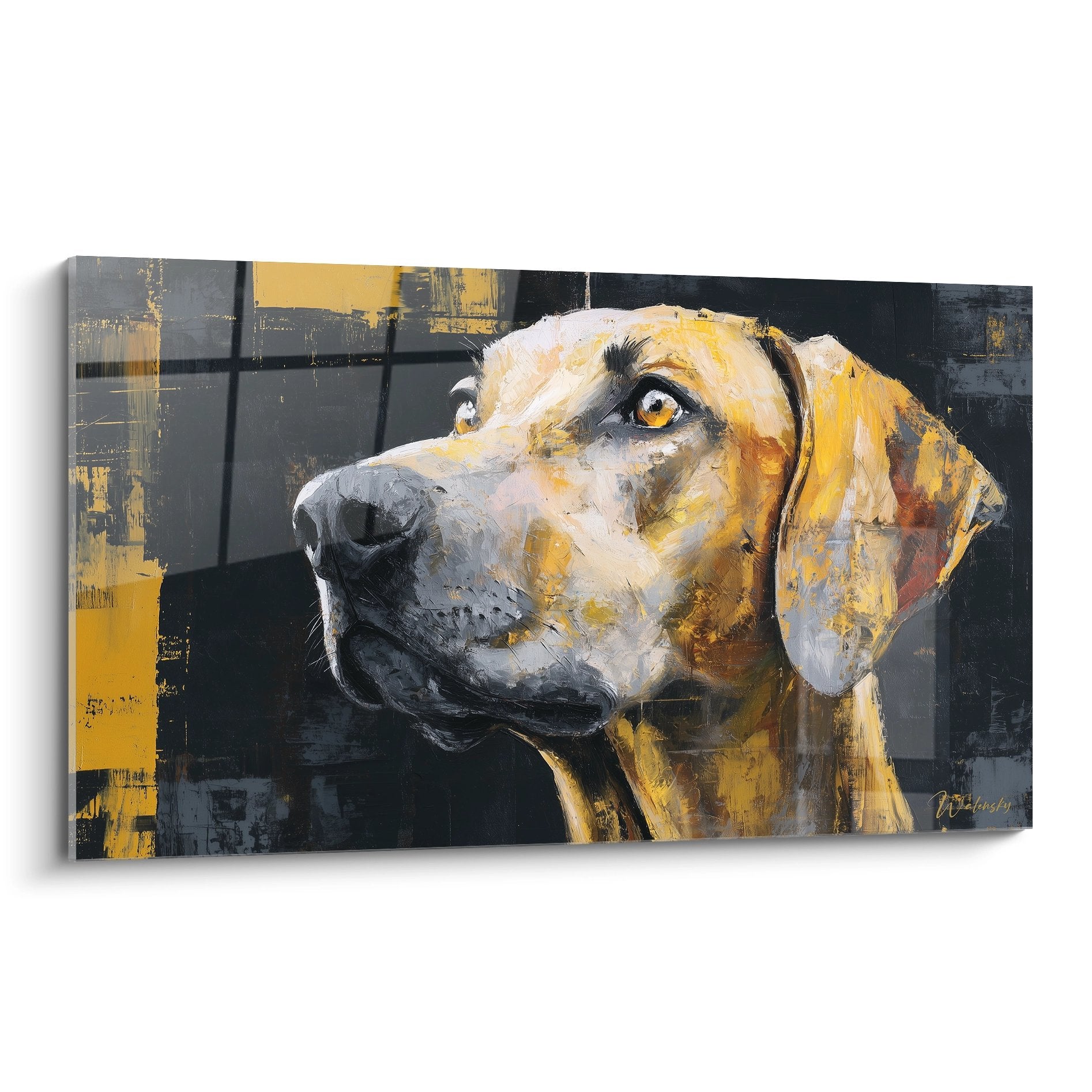 Portrait contemporain de Rhodesian Ridgeback aux tons dorés et gris, regard expressif dirigé vers le haut